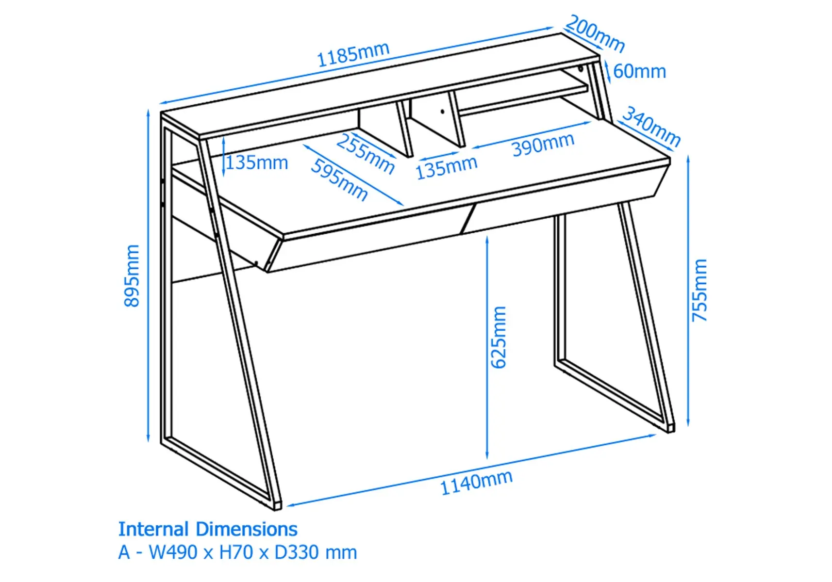 Dimensions diagram for Alphason Salcombe Desk