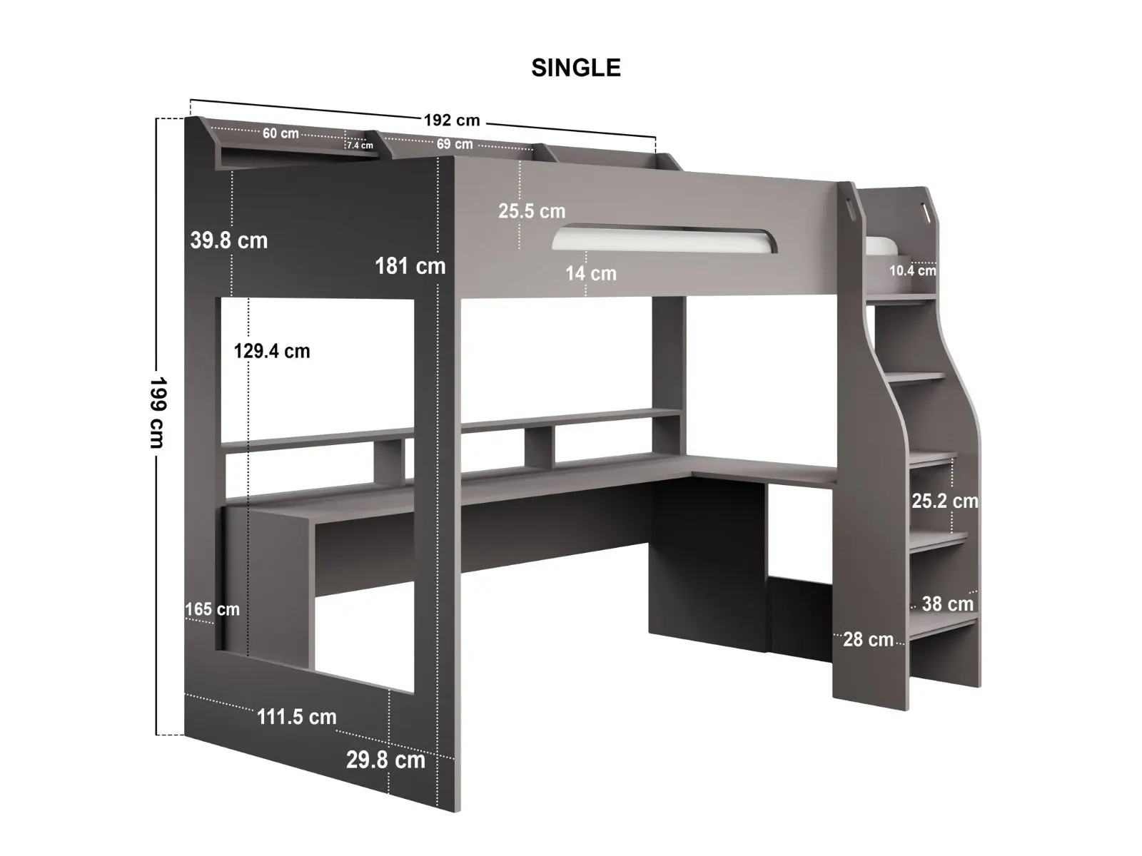 Dimensions diagram for Flair Skyhigh Single Gaming High Sleeper Anthracite