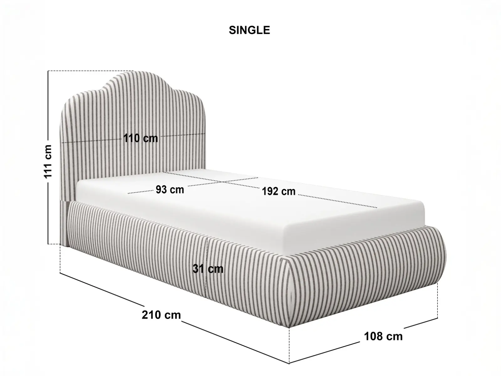 Dimensions diagram for SOLACE+CO Skylynn Cloud Ottoman Single Bed Brown Striped