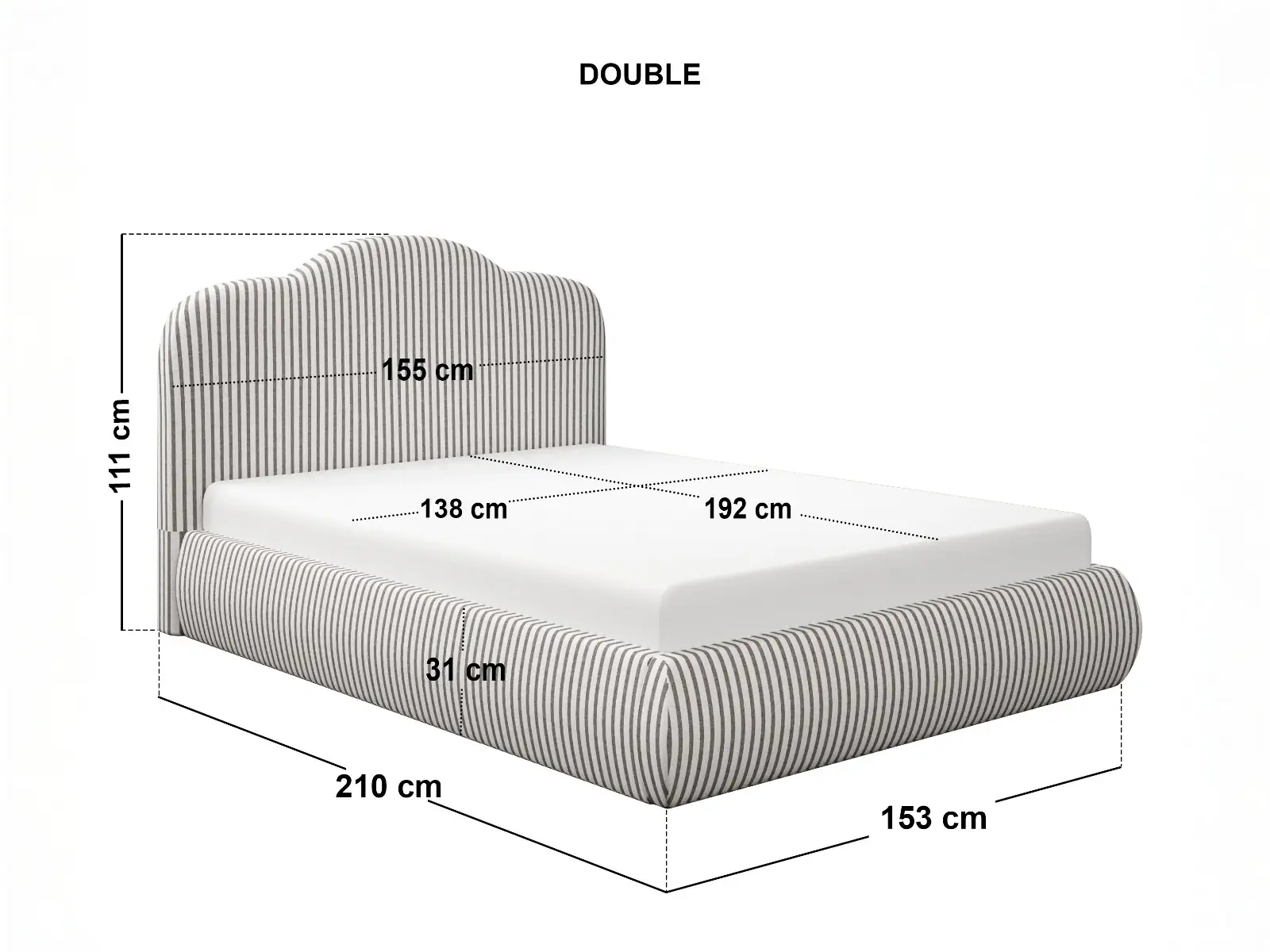 Dimensions diagram for SOLACE+CO Skylynn Cloud Ottoman Bed Striped Woven Fabric