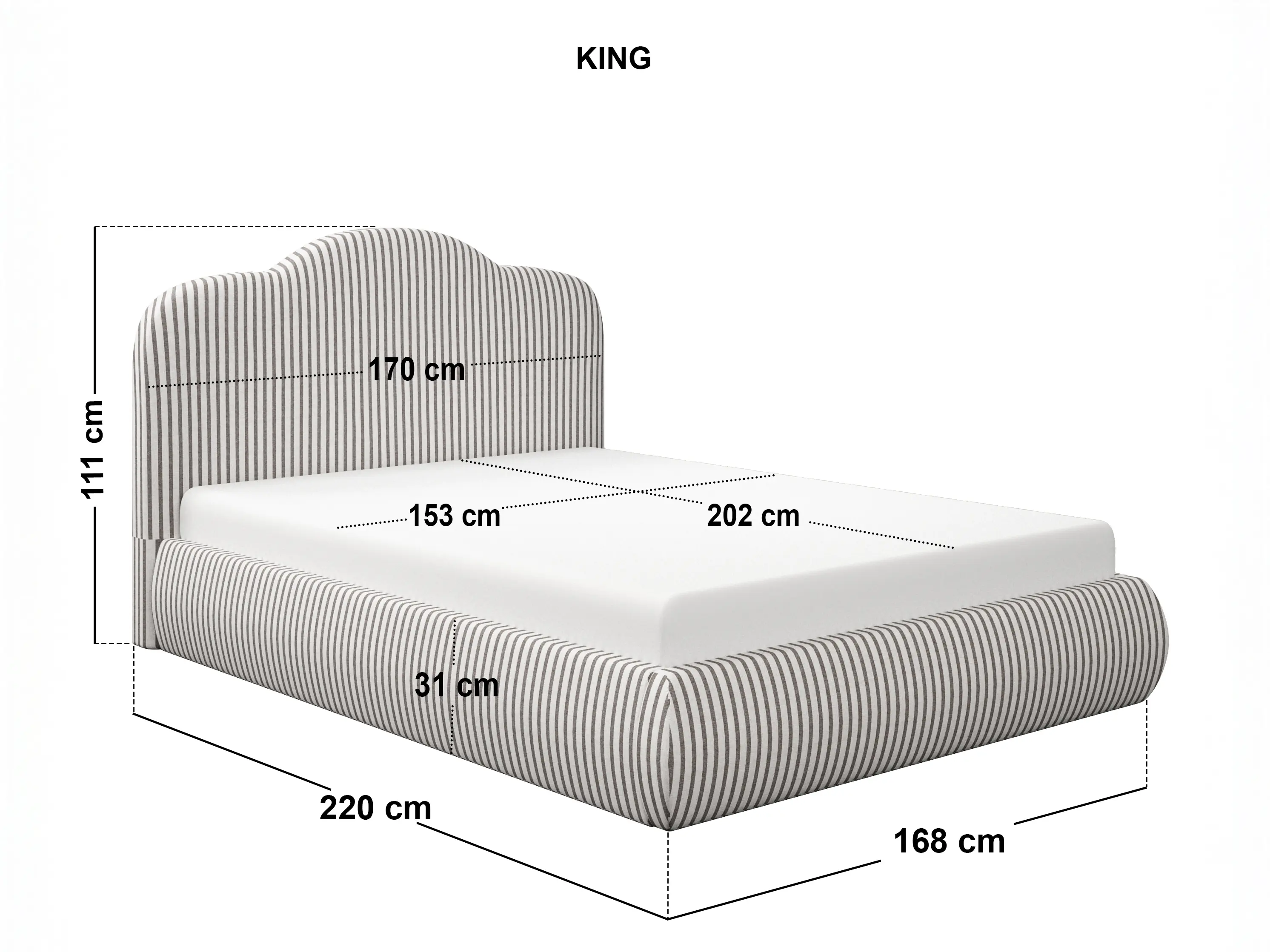 Dimensions diagram for SOLACE+CO Skylynn Cloud Ottoman Bed Brown Striped-Kingsize