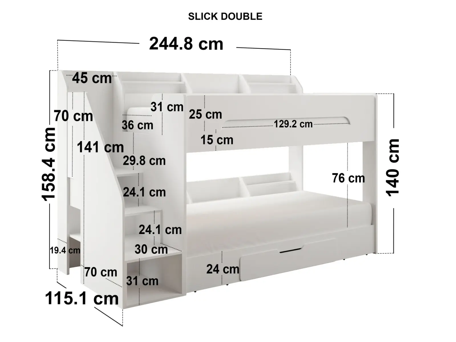 Dimensions diagram for Flair Slick Staircase Bunk Bed with Storage White