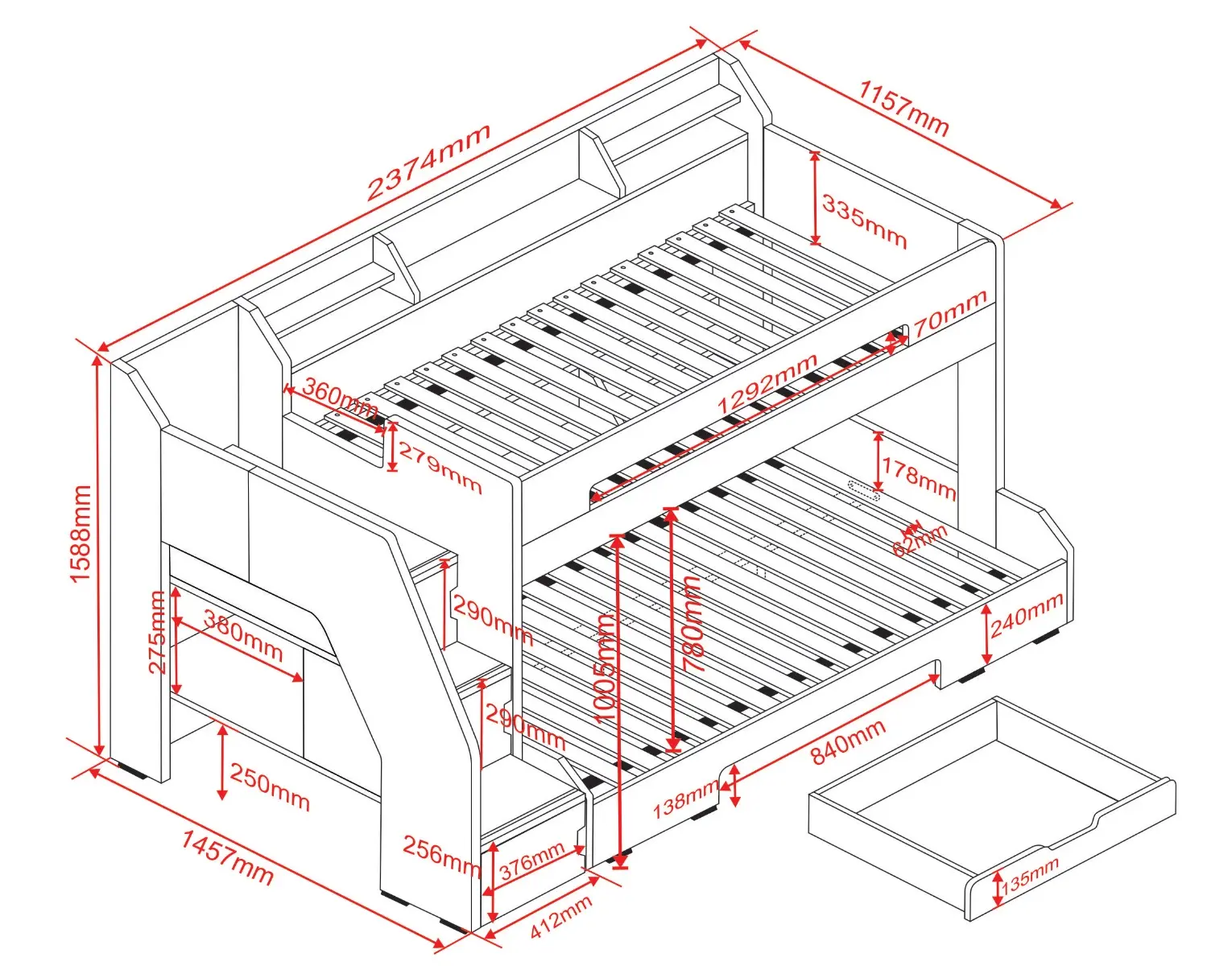 Dimensions diagram for Flair Slick Staircase Triple Bunk Bed with Storage