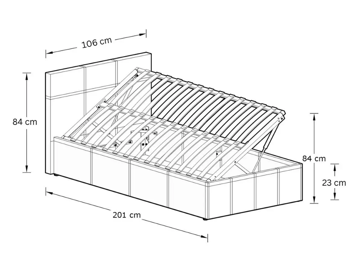Dimensions diagram for GFW Side Lift Ottoman Storage Bed- White - Single