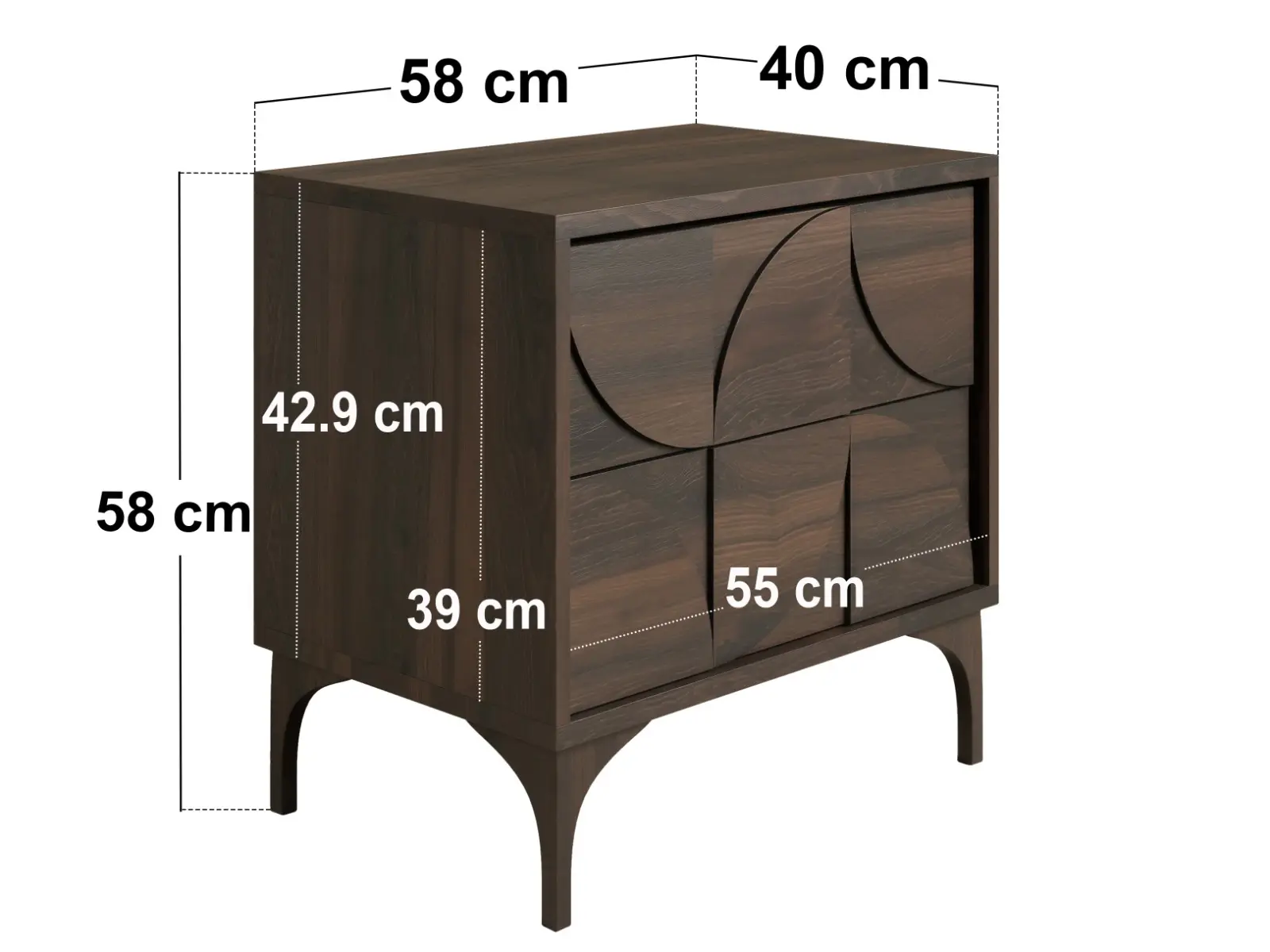 Dimensions diagram for SOLACE+CO Leon Geometric Bedside Table Walnut
