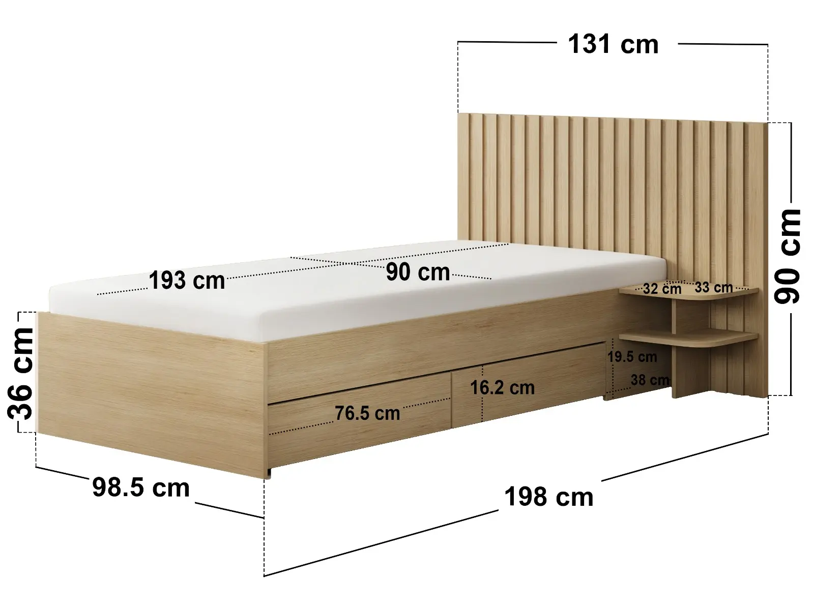 Dimensions diagram for SOLACE+CO Taylor Single Bed Frame with Drawers & Integrated Bedside Table Oak