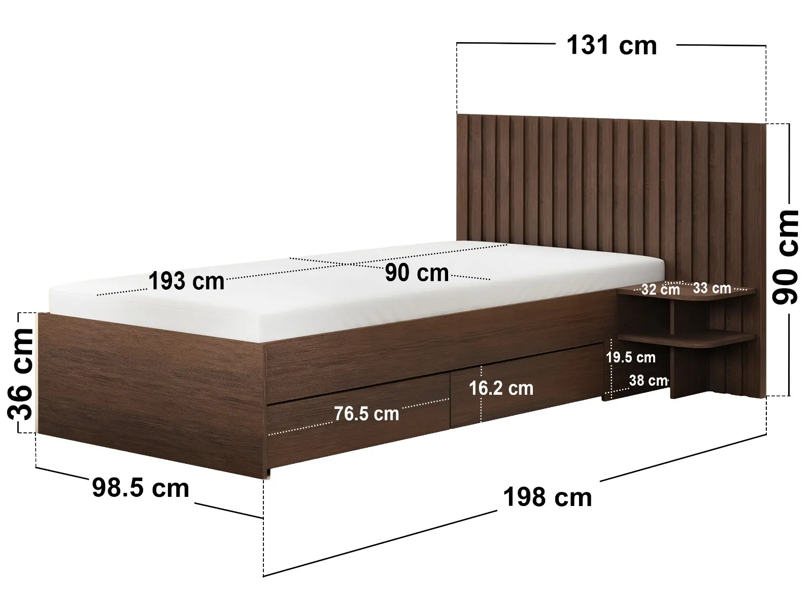 Dimensions diagram for SOLACE+CO Taylor Single Bed Frame with Drawers & Integrated Bedside Table