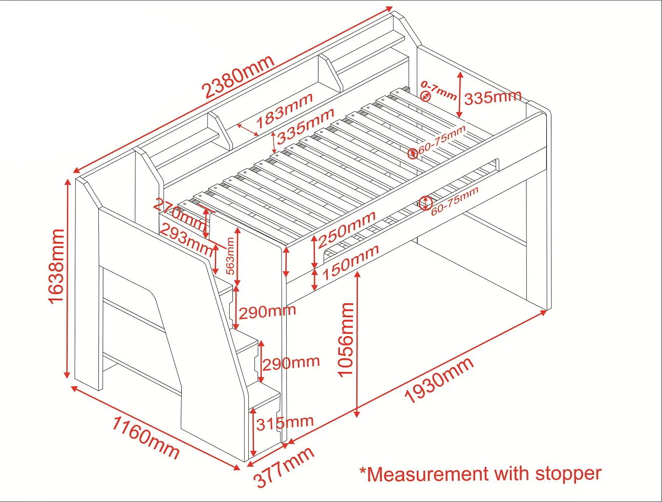 Dimensions diagram for Flair Stepaside Staircase White High Sleeper with Futon