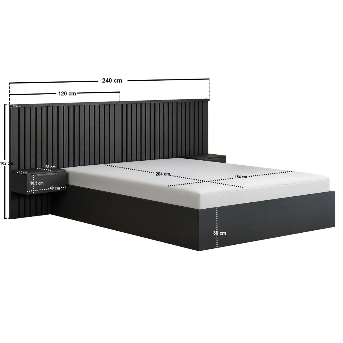 Dimensions diagram for SOLACE+CO Taylor Kingsize Hotel Ottoman Bed with Side Tables Black