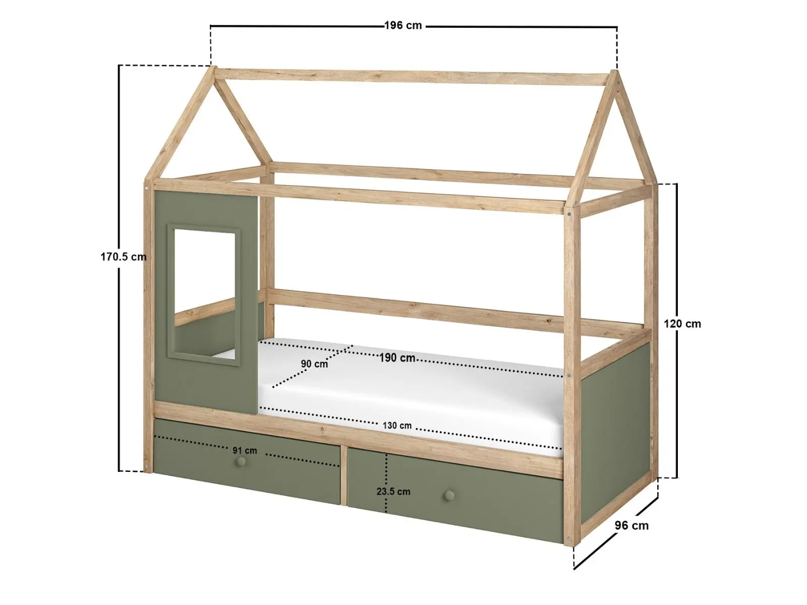 Dimensions diagram for Flair Ted Play House Wooden Bed with Storage Green