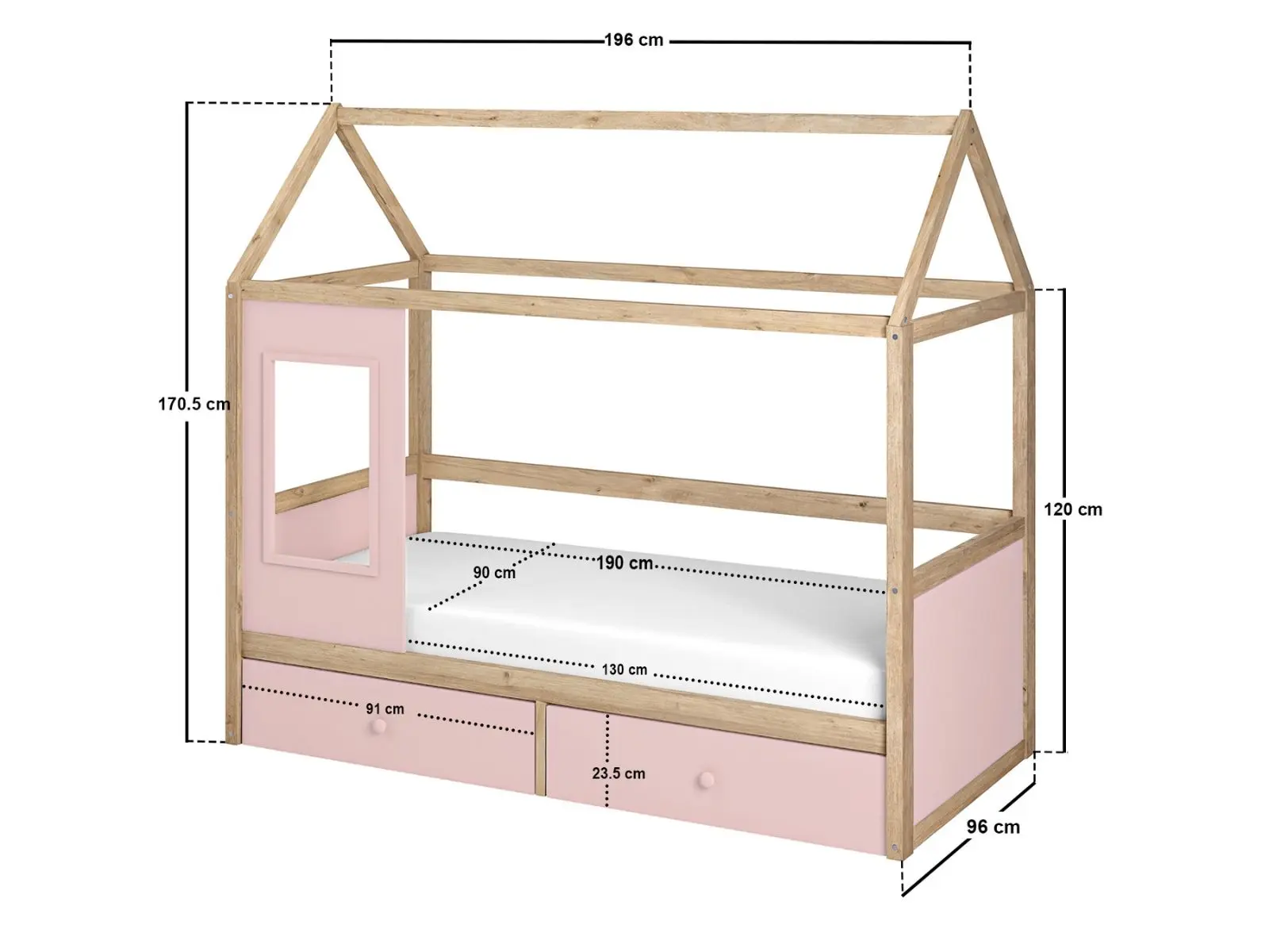 Dimensions diagram for Flair Ted Play House Wooden Bed with Storage Pink