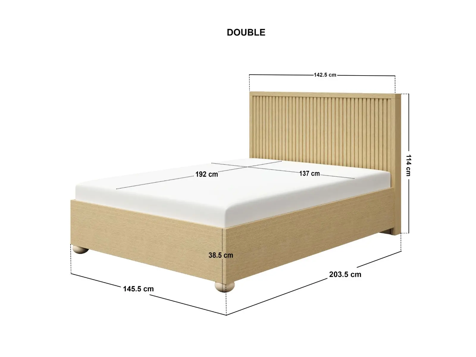 Dimensions diagram for SOLACE+CO Theo Ribbed Ottoman Bed Light Wood-Double