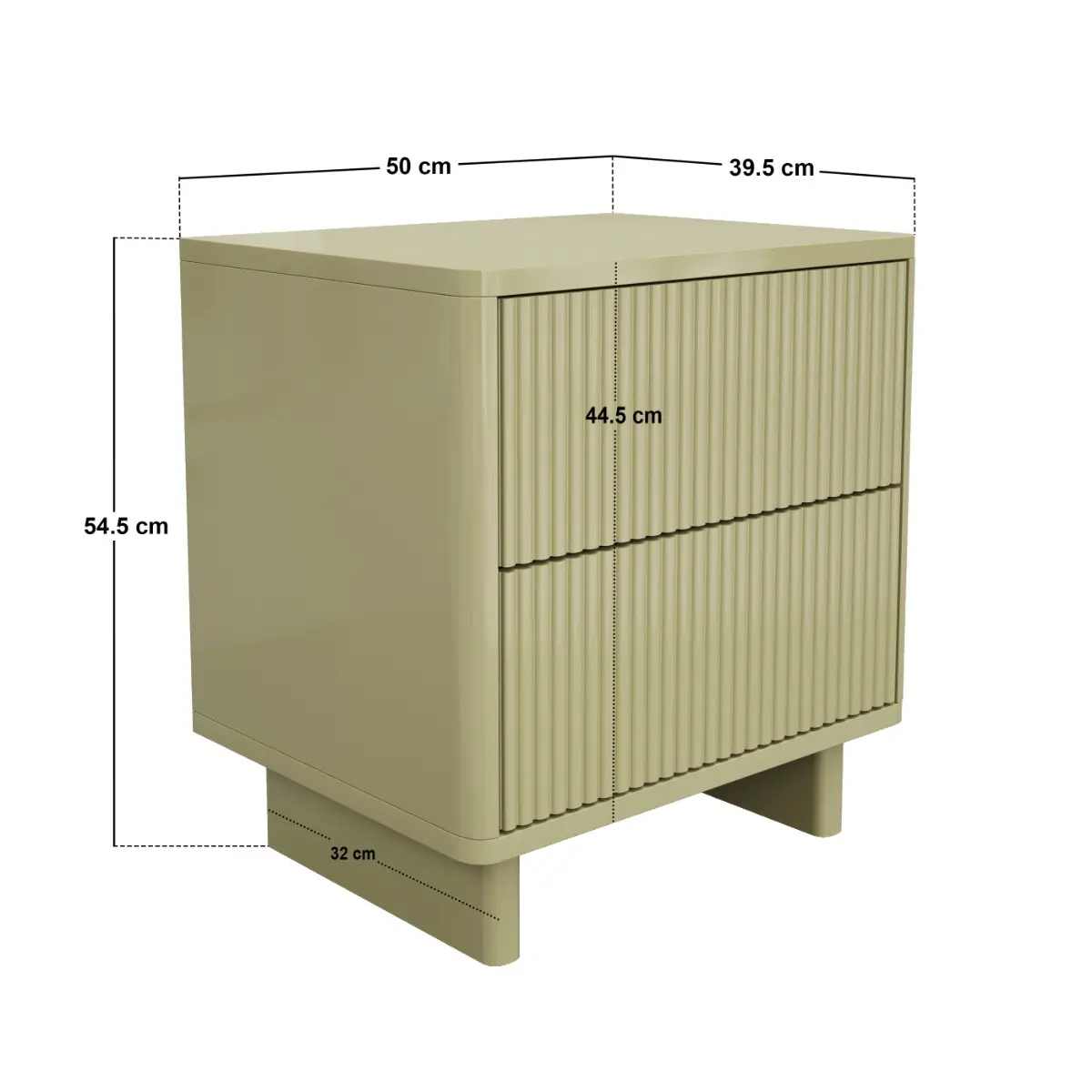 Dimensions diagram for SOLACE+CO Velmor 2 Drawer Ribbed Bedside Table Olive Green