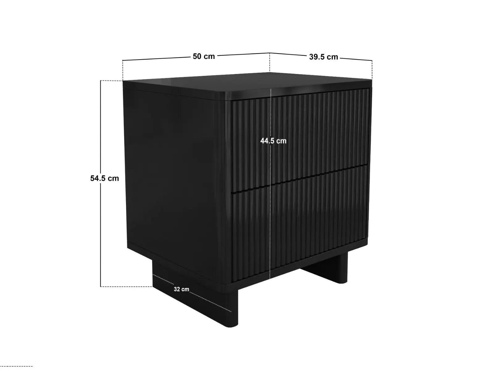 Dimensions diagram for SOLACE+CO Velmor 2 Drawer Ribbed Bedside Table Black