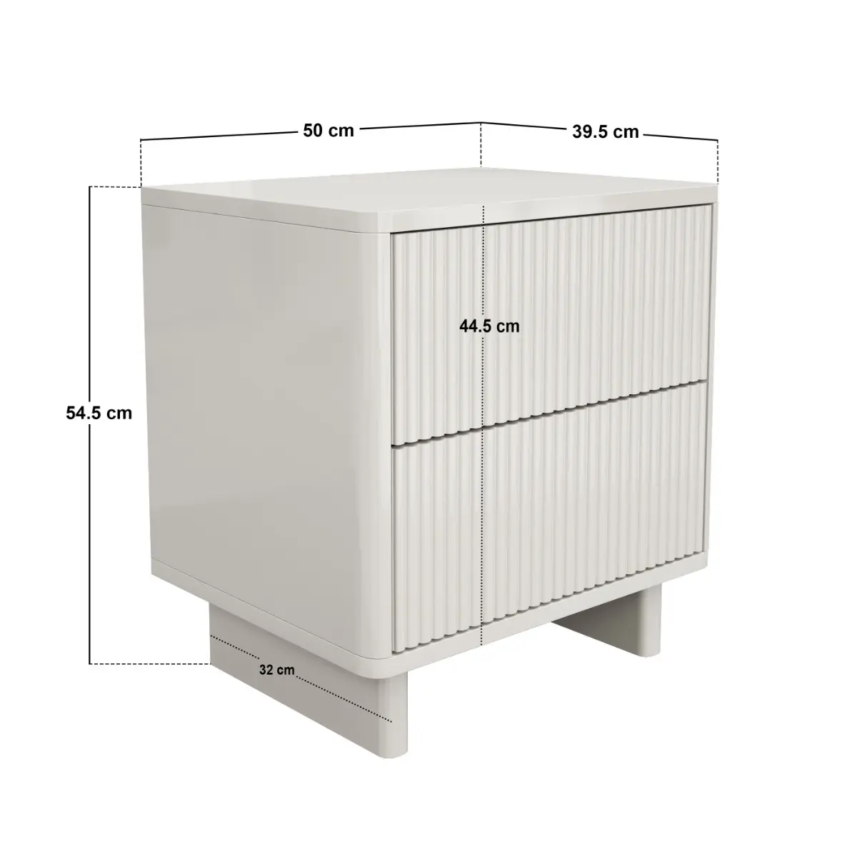 Dimensions diagram for SOLACE+CO Velmor 2 Drawer Ribbed Bedside Table White