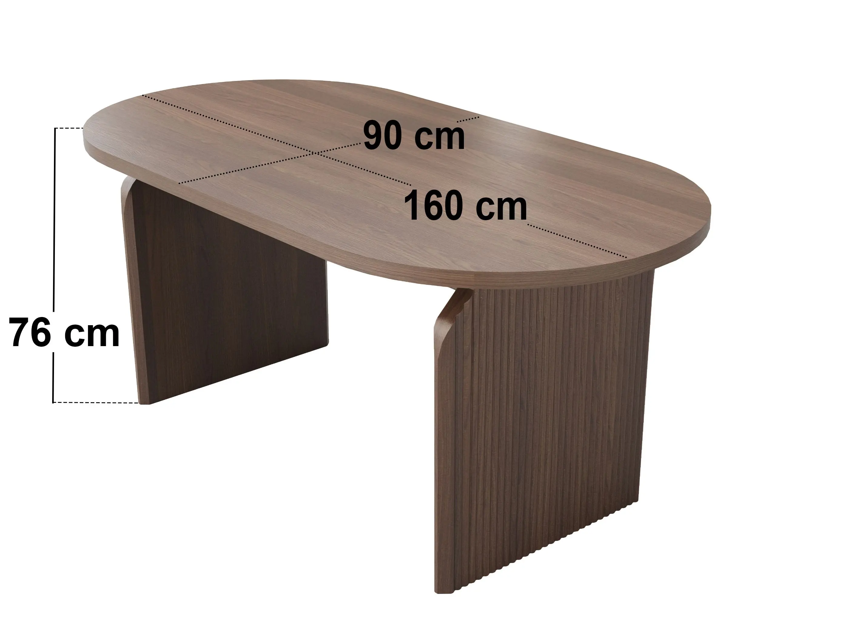 Dimensions diagram for SOLACE+CO Varm Walnut-Effect Ribbed Dining Table with White Aiko Chairs Set-Table + 8 Chairs