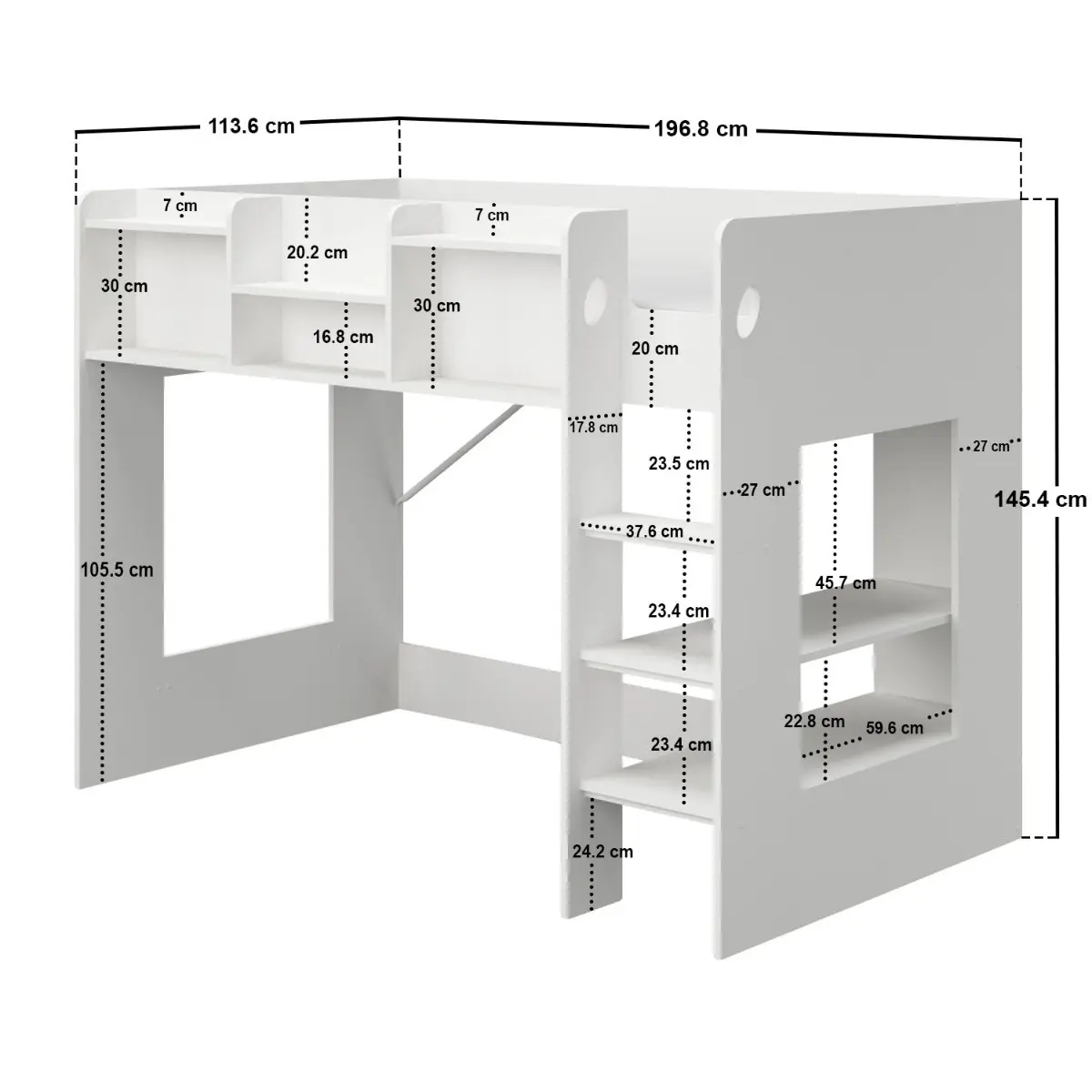 Dimensions diagram for Flair Wizard Junior Mid High Sleeper