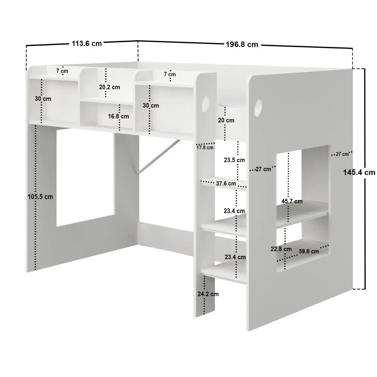 Dimensions diagram for Flair Wizard Junior Mid High Cabin Station