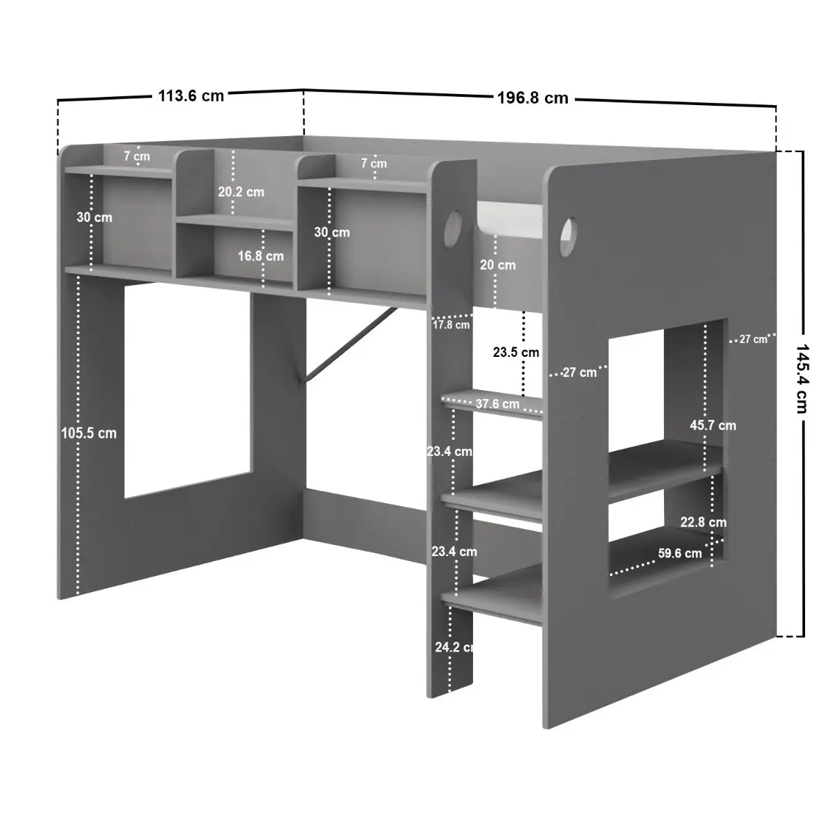 Dimensions diagram for Flair Wizard Junior High Sleeper Grey