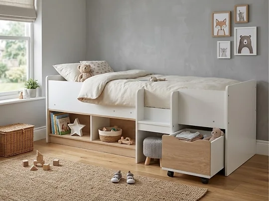 Kidsaw white and oak single cabin bed with cubby storage and pull-out underbed drawer