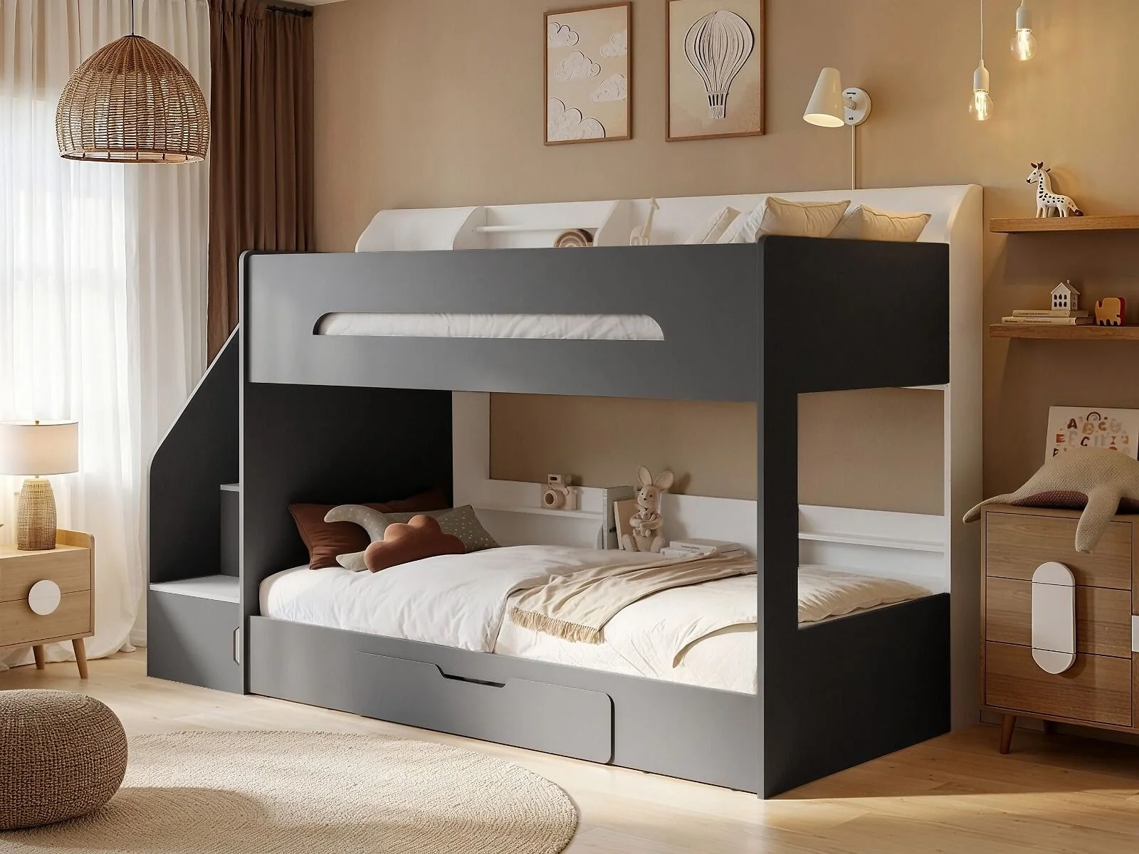 Flair Slick white and grey staircase bunk bed with storage