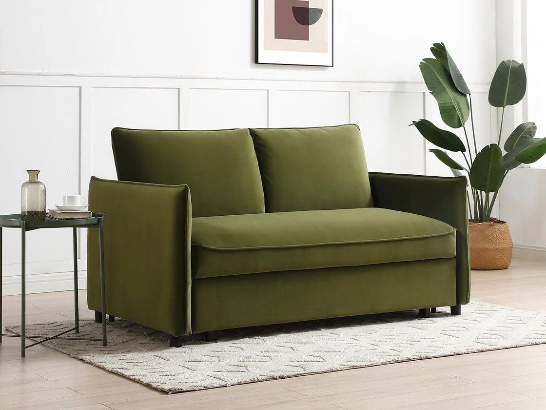 Kyoto Blaire 2 seater sofa bed in olive green velvet with black legs