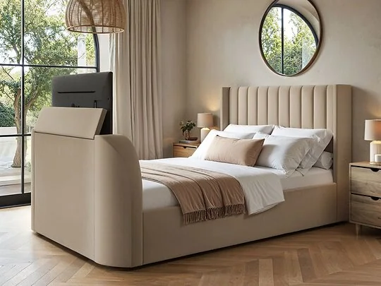 Flair Fallon TV Side Lift Ottoman Bed Beige Velvet