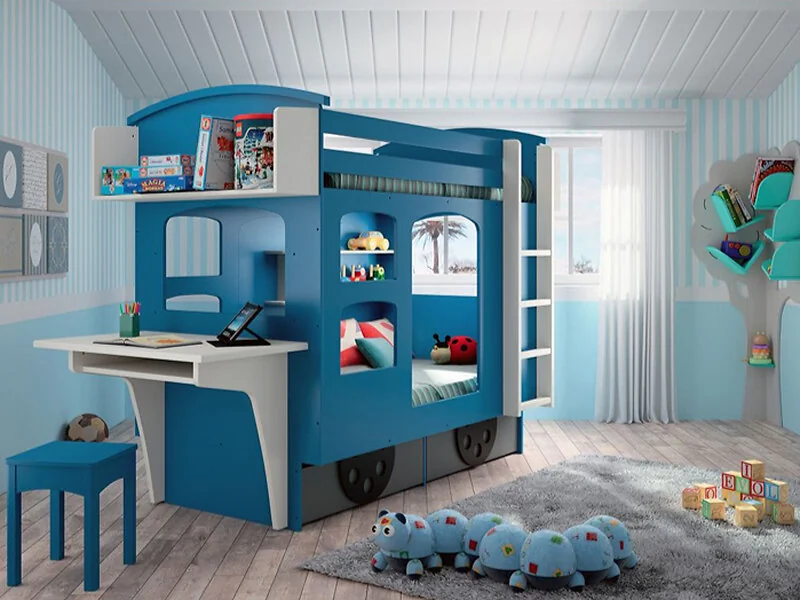 Children’s train bunk bed with two storage drawers