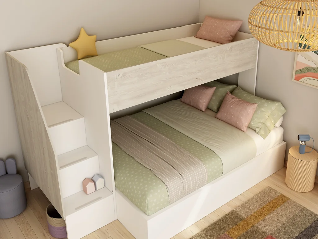 Triple bunk bed with stairs and storage white and oak