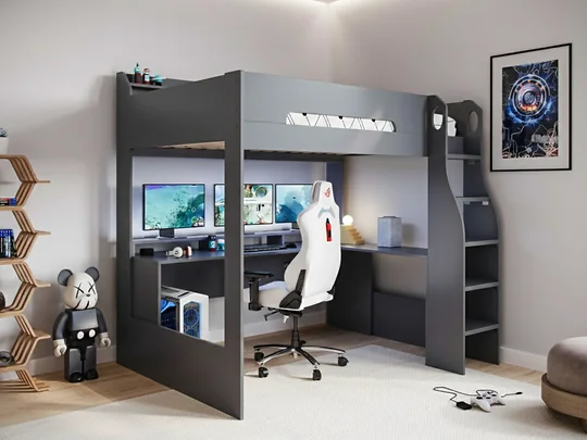 Flair Skyhigh gaming high sleeper in anthracite with L-shaped desk, dual monitors and gaming chair underneath