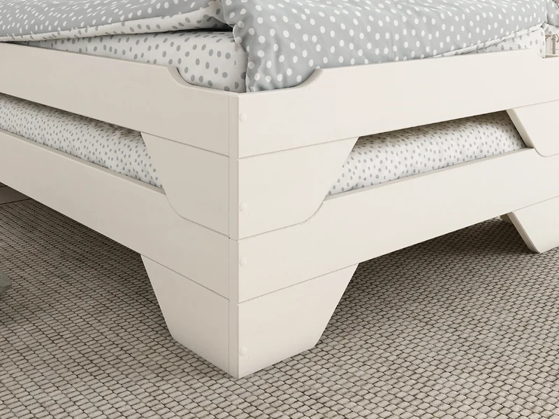Kids white stackable single bed frame with wooden slats