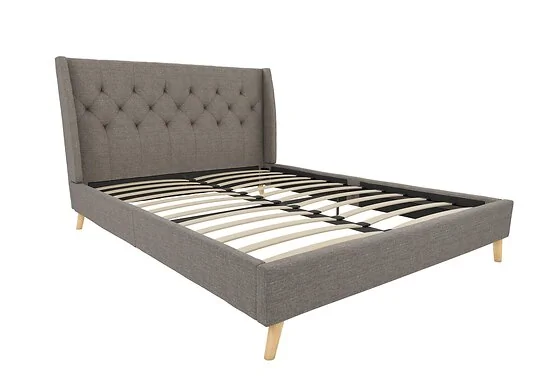 Novogratz Her Majesty Linen Bed Frame available in double and king sizes and green blue grey and pink linen upholstery