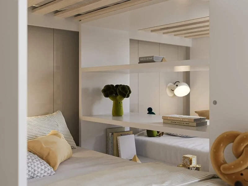 Front view of the Flair Eddie triple bunk in white & oak showing the storage staircase and footend drawers