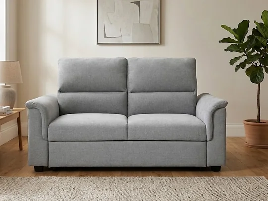 Kyoto Beckett sofa bed in Grey chenille with curved armrests and seam detailing on the backrest