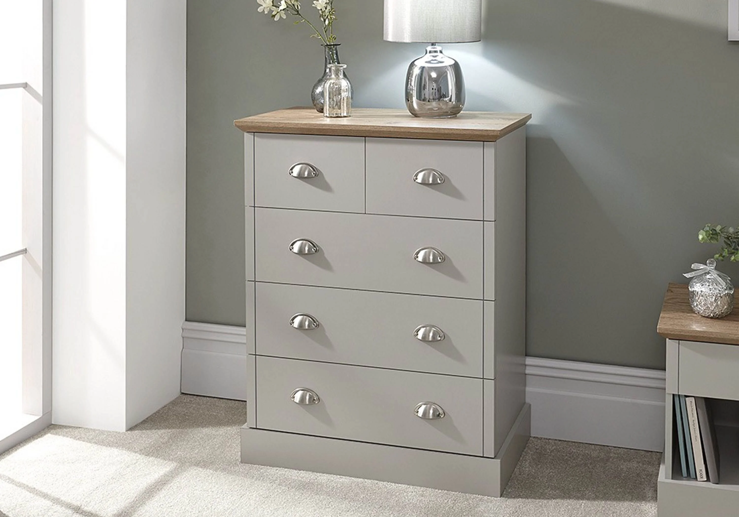 GFW Kendal 5 Drawer Chest with painted finish  oak effect top