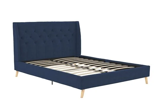 Novogratz Her Majesty Linen Bed Frame available in double and king sizes and green blue grey and pink linen upholstery