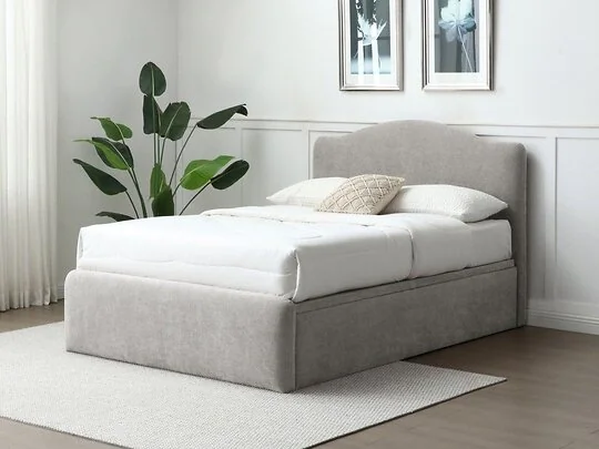 Kyoto Asher ottoman bed in grey chenille with a curved headboard
