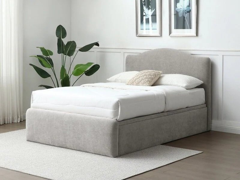 Kyoto Asher ottoman bed in grey chenille with a curved headboard