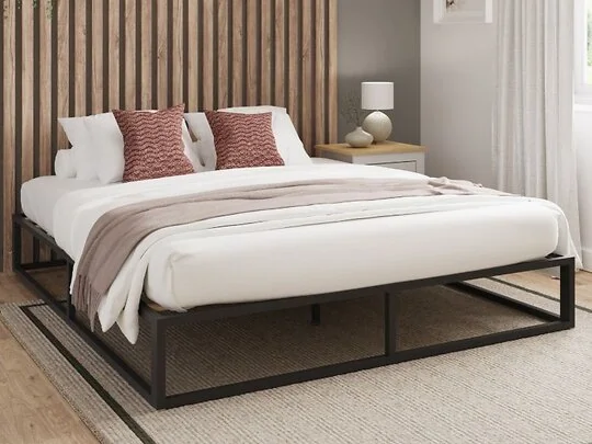 GFW Platform Metal Bed Frame in Black with Wooden Slats and Underbed Storage