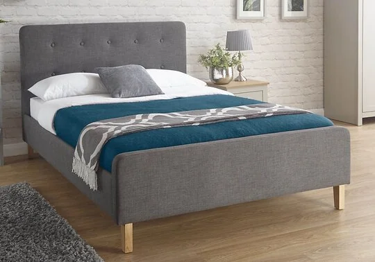 GFW Ashbourne Grey Fabric Bed Frame with Button Headboard and Wooden Legs