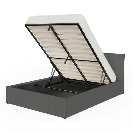 Grey upholstered storage bed with gas lift
