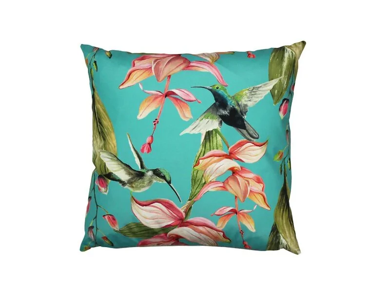 Evans Lichfield Hummingbird blue outdoor cushion on garden furniture