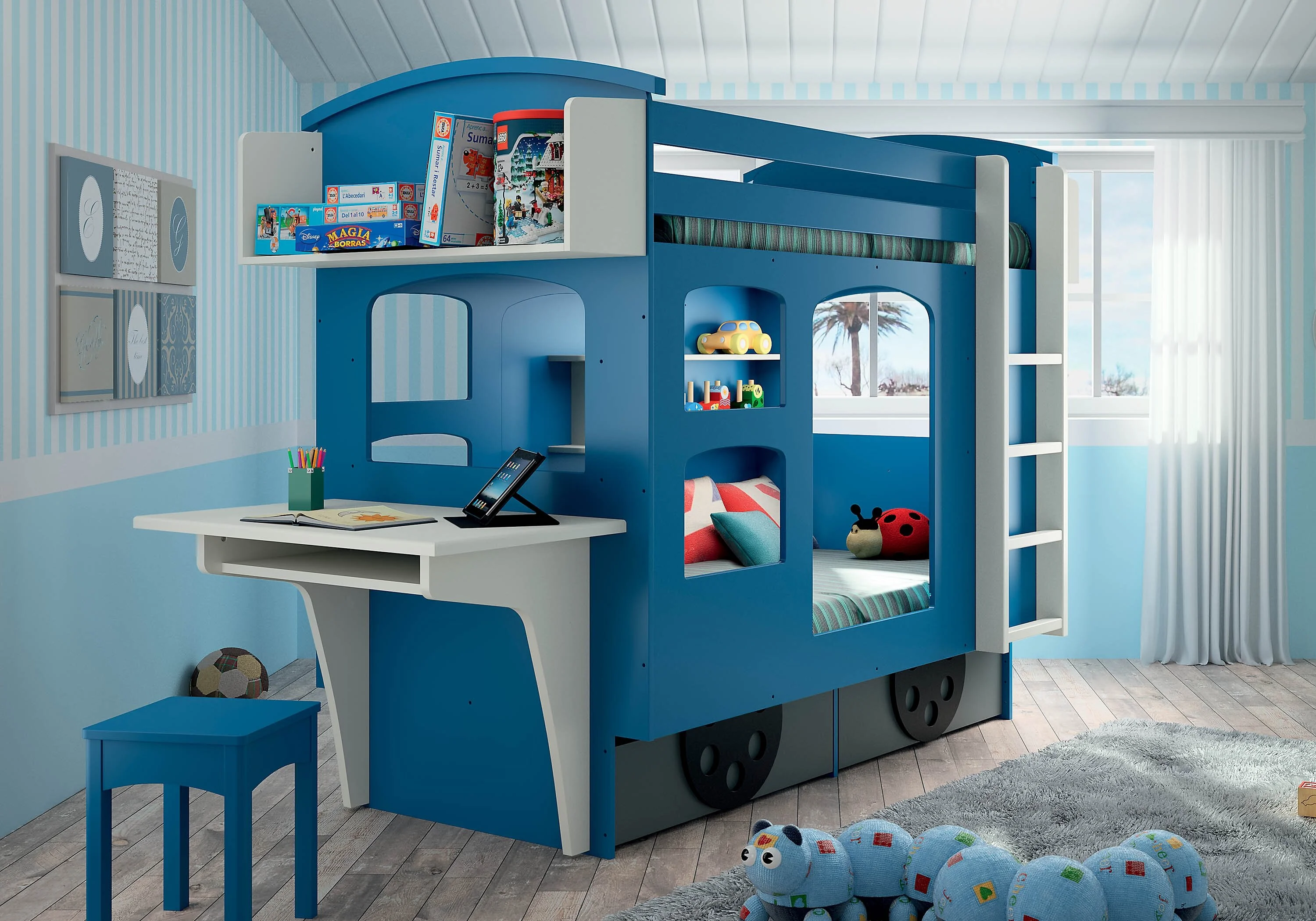 Wagon-style bunk bed with right-hand ladder
