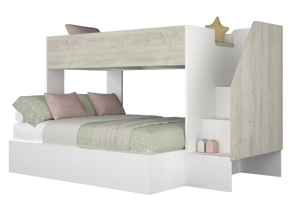 Wooden triple bunk bed with staircase storage