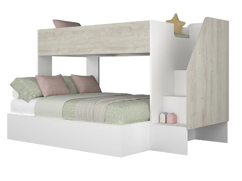 Wooden triple bunk bed with staircase storage