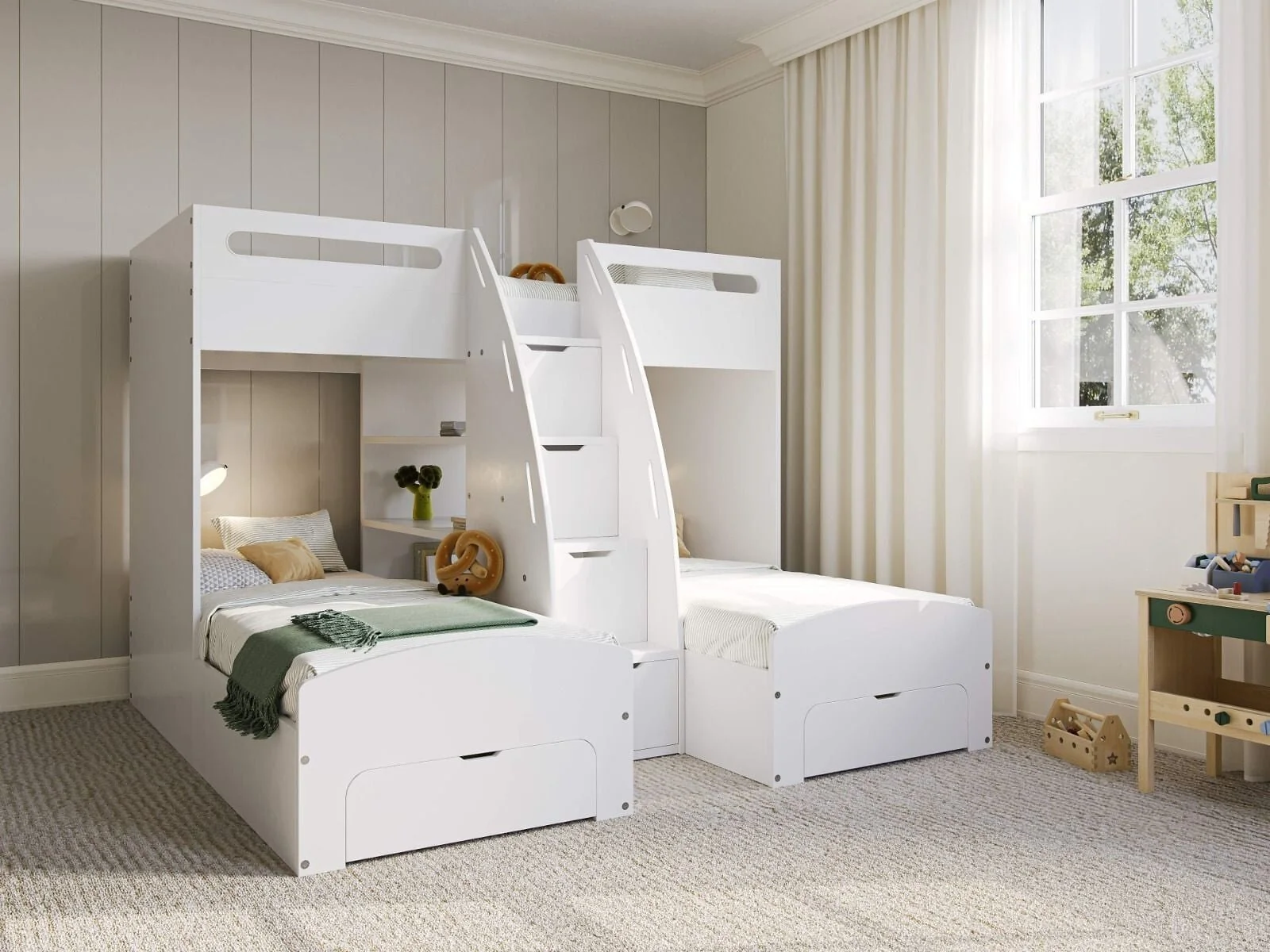 Flair Eddie triple bunk bed in white & oak with storage staircase and lower bunk drawers open in a child's bedroom