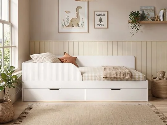 Flair Aris single Montessori bed in white with two storage drawers in a child's bedroom