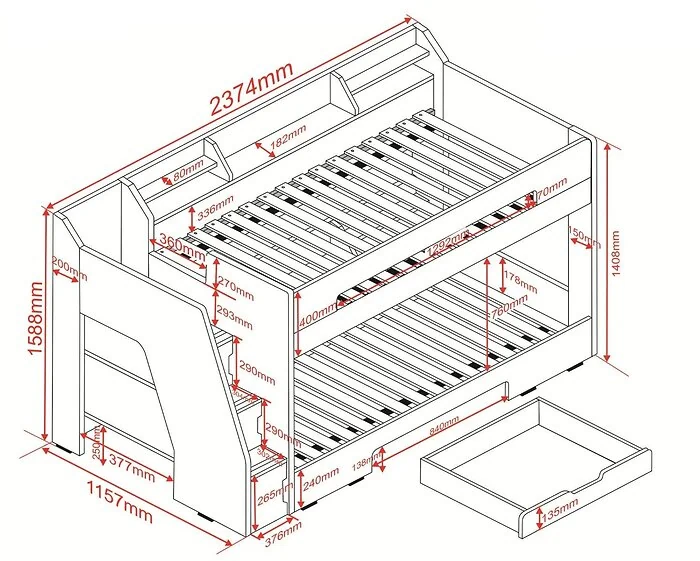 Dimensions diagram: Flair Slick Staircase Bunk Bed with Storage White & Grey