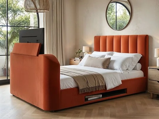 Flair Megane TV ottoman bed in cream boucle with TV raised at the footend