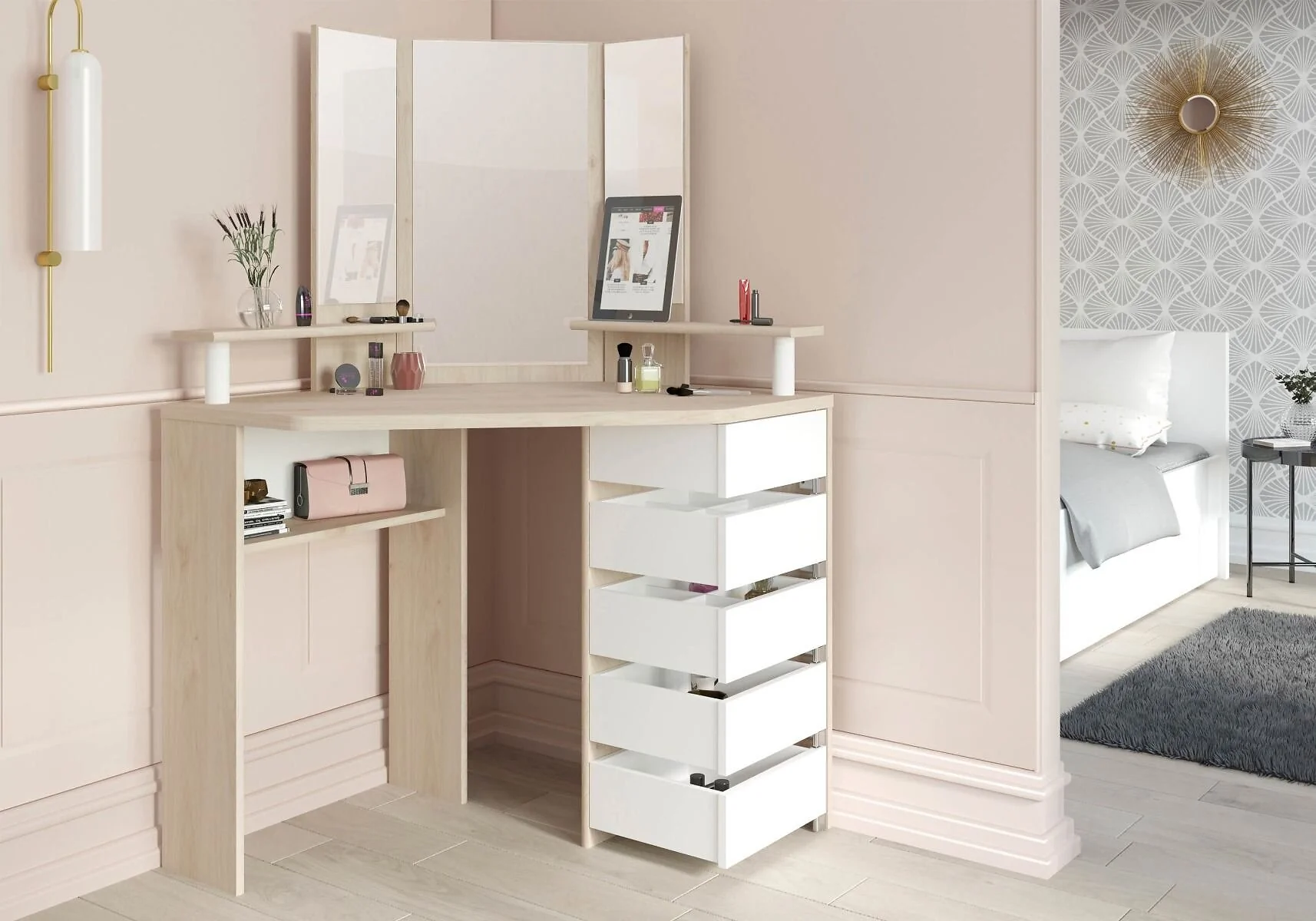 Corner makeup vanity with LED mirror and swivel drawers